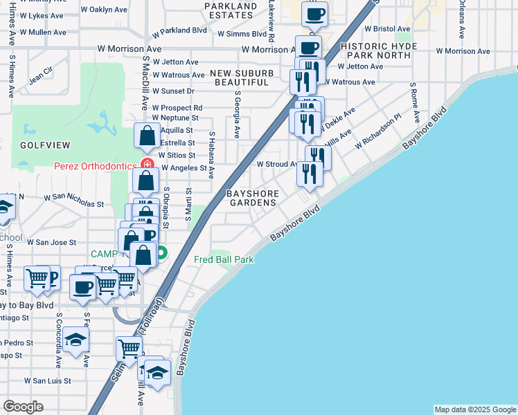 map of restaurants, bars, coffee shops, grocery stores, and more near in Tampa
