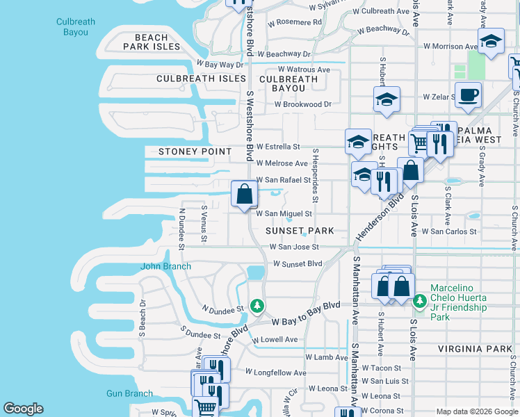map of restaurants, bars, coffee shops, grocery stores, and more near 4706 West Heron Lane in Tampa