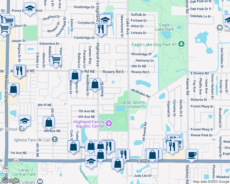 map of restaurants, bars, coffee shops, grocery stores, and more near 1237 Markley Drive in Largo