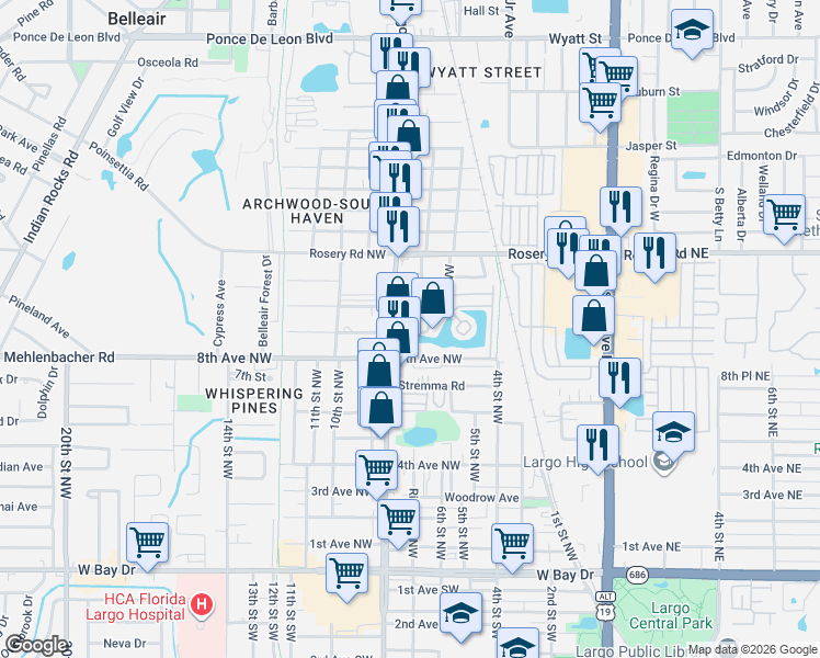 map of restaurants, bars, coffee shops, grocery stores, and more near 940 Clearwater Largo Road North in Largo