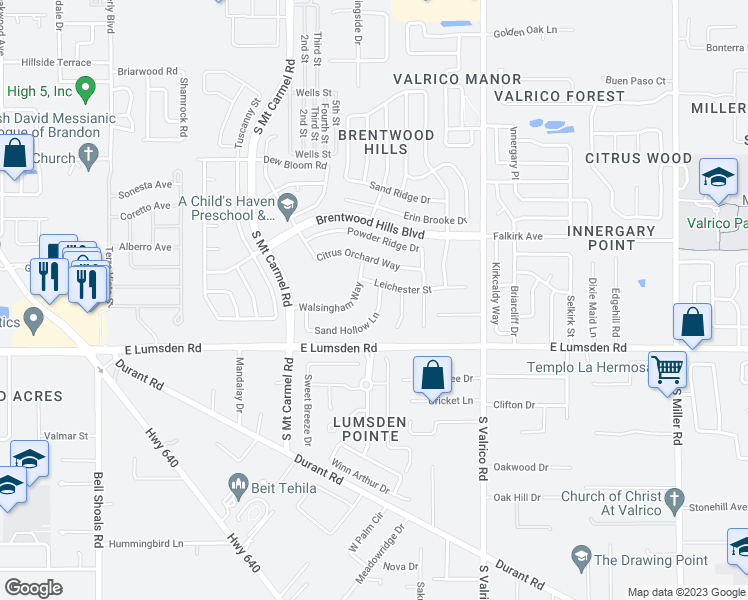 map of restaurants, bars, coffee shops, grocery stores, and more near 1644 Sand Hollow Lane in Valrico