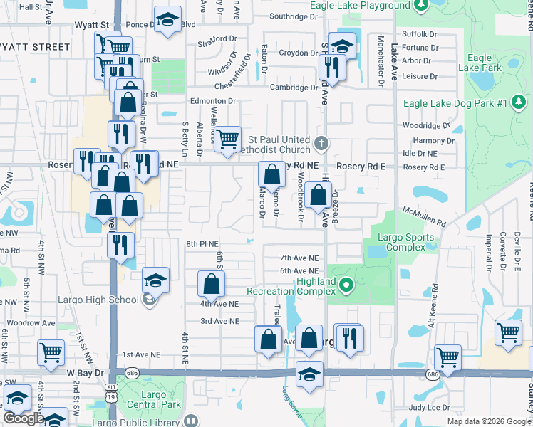 map of restaurants, bars, coffee shops, grocery stores, and more near 1024 San Marco Drive in Largo