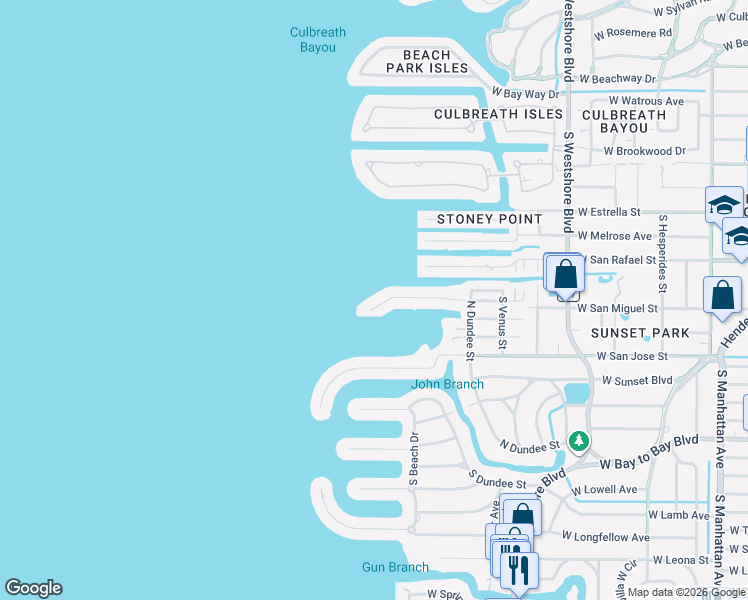 map of restaurants, bars, coffee shops, grocery stores, and more near 5031 West San Miguel Street in Tampa