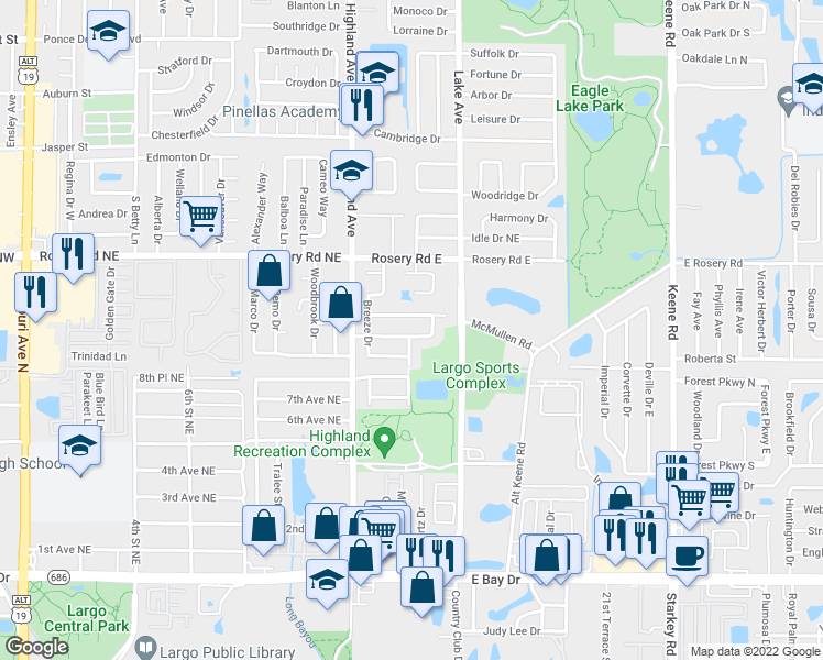 map of restaurants, bars, coffee shops, grocery stores, and more near 1237 Markley Drive in Largo