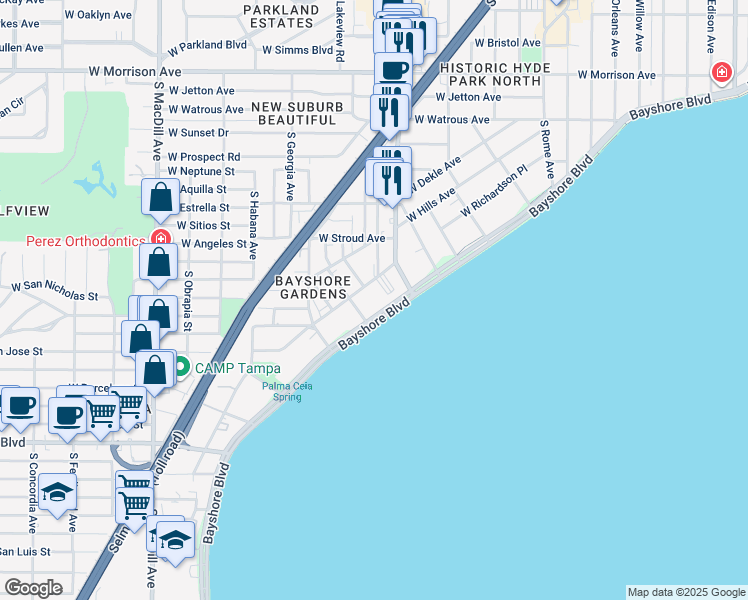 map of restaurants, bars, coffee shops, grocery stores, and more near 2413 Bayshore Boulevard in Tampa