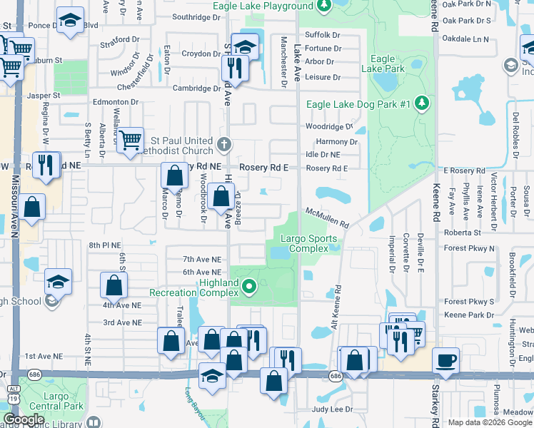 map of restaurants, bars, coffee shops, grocery stores, and more near 1242 Whisper Drive in Largo