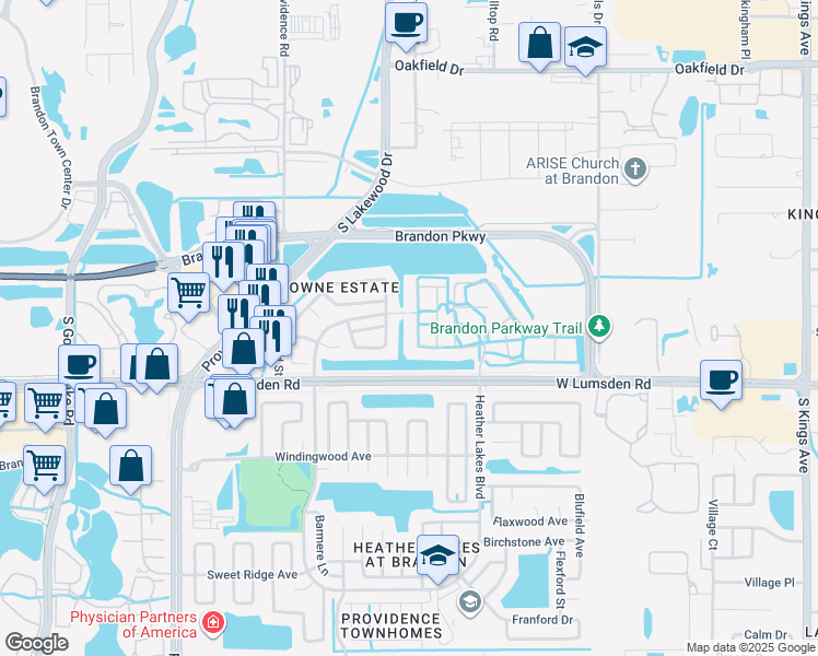 map of restaurants, bars, coffee shops, grocery stores, and more near 739 Kensington Lake Circle in Brandon
