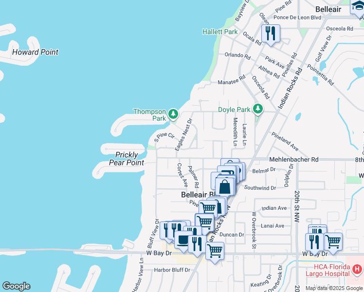 map of restaurants, bars, coffee shops, grocery stores, and more near 1 South Pine Circle in Belleair