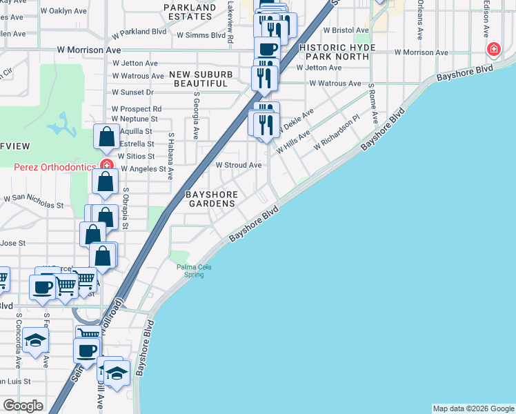 map of restaurants, bars, coffee shops, grocery stores, and more near 2413 Bayshore Boulevard in Tampa