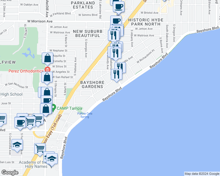 map of restaurants, bars, coffee shops, grocery stores, and more near 2401 Bayshore Boulevard in Tampa