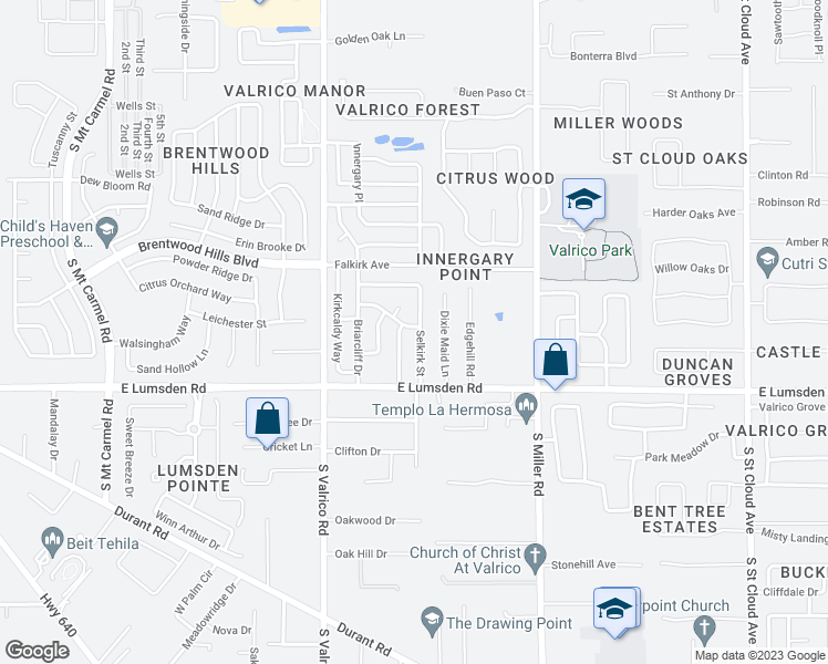 map of restaurants, bars, coffee shops, grocery stores, and more near 2301 Selkirk Street in Valrico