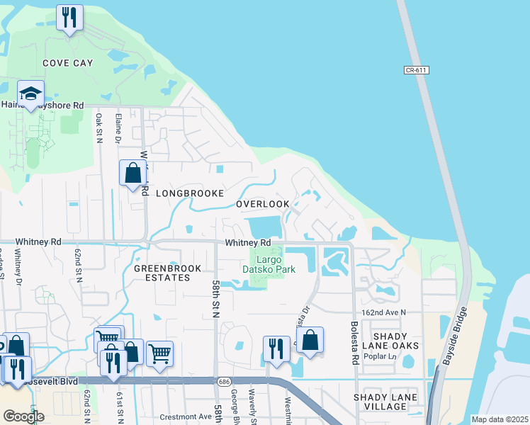 map of restaurants, bars, coffee shops, grocery stores, and more near 3082 Overlook Place in Clearwater