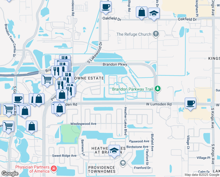 map of restaurants, bars, coffee shops, grocery stores, and more near 739 Kensington Lake Circle in Brandon
