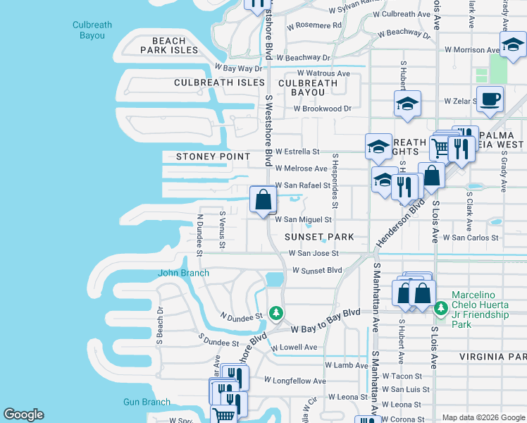 map of restaurants, bars, coffee shops, grocery stores, and more near 4706 West Heron Lane in Tampa