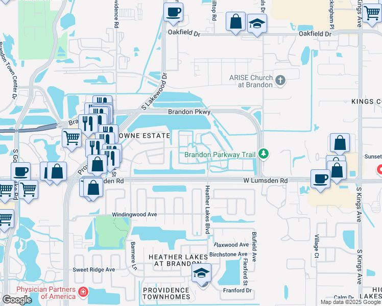map of restaurants, bars, coffee shops, grocery stores, and more near 541 Kensington Lake Circle in Brandon