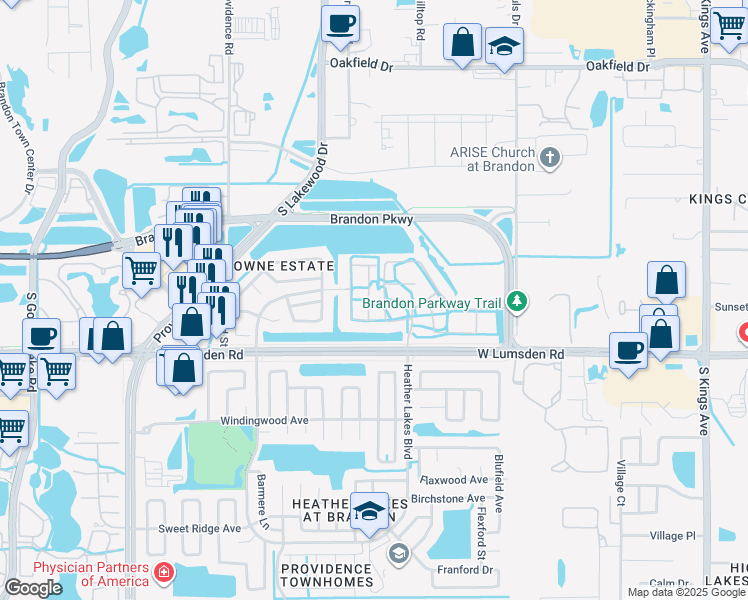 map of restaurants, bars, coffee shops, grocery stores, and more near 541 Kensington Lake Circle in Brandon