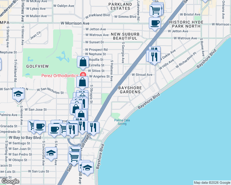 map of restaurants, bars, coffee shops, grocery stores, and more near 2805 West San Nicholas Street in Tampa