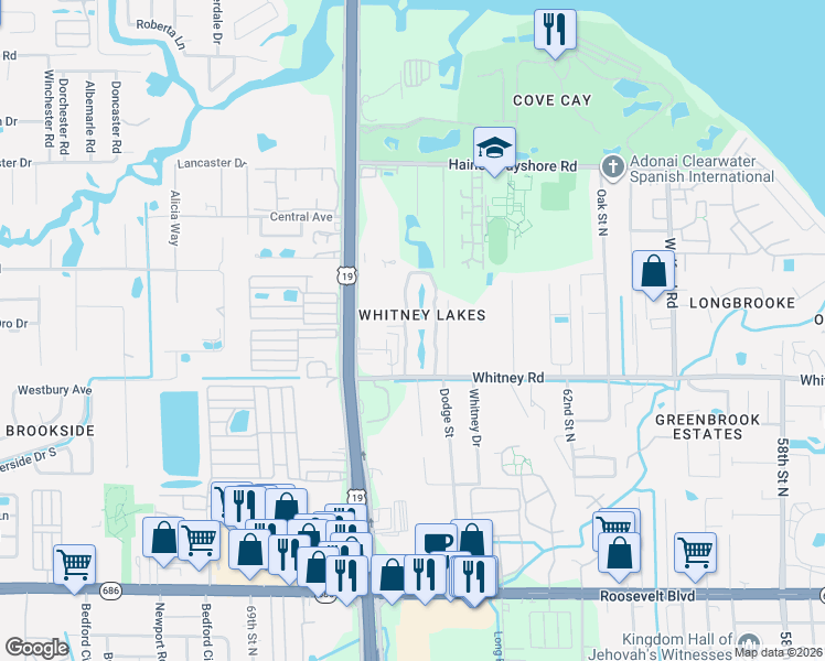 map of restaurants, bars, coffee shops, grocery stores, and more near 1949 Whitney Way in Clearwater