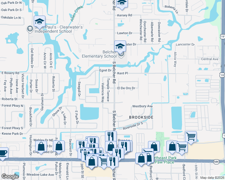 map of restaurants, bars, coffee shops, grocery stores, and more near 2199 Nottingham Drive in Clearwater