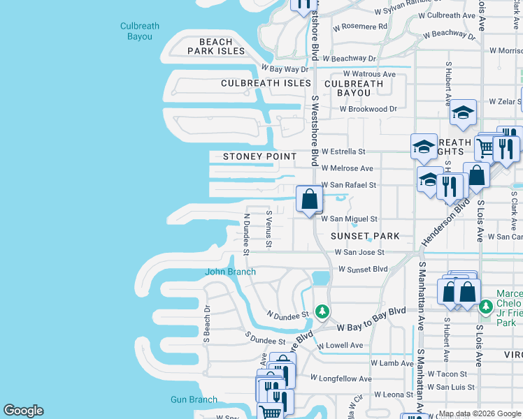 map of restaurants, bars, coffee shops, grocery stores, and more near 2114 South Venus Street in Tampa