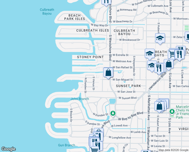 map of restaurants, bars, coffee shops, grocery stores, and more near 2114 South Venus Street in Tampa