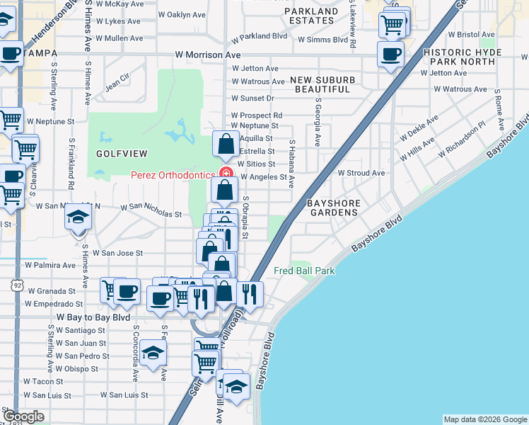 map of restaurants, bars, coffee shops, grocery stores, and more near 2903 West San Nicholas Street in Tampa