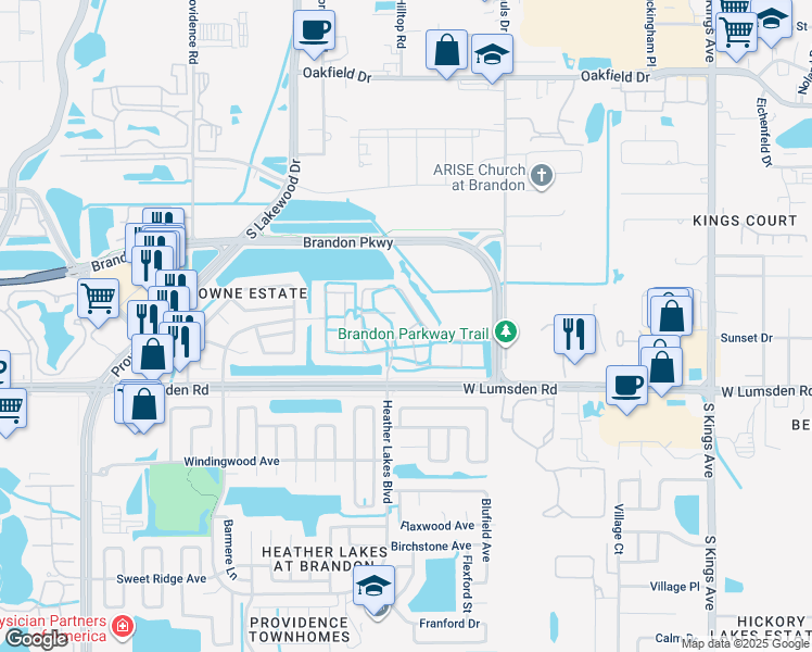 map of restaurants, bars, coffee shops, grocery stores, and more near 906 Paddock Club Drive in Brandon