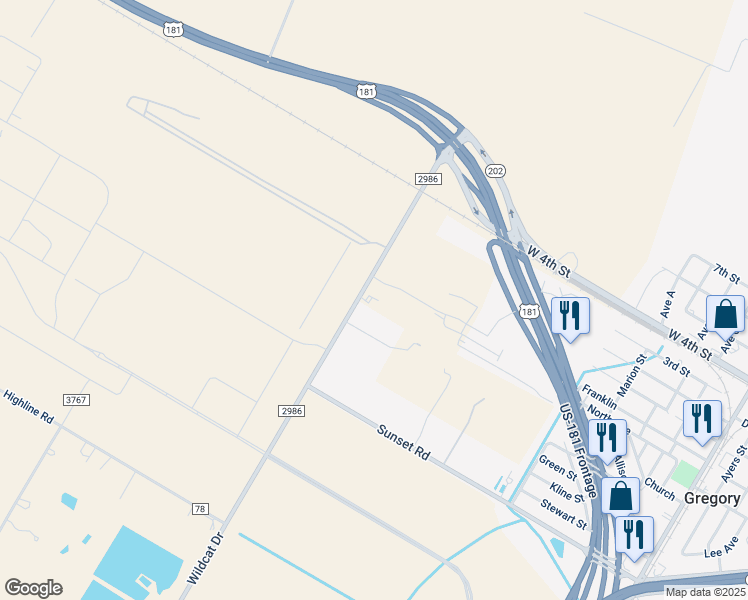map of restaurants, bars, coffee shops, grocery stores, and more near 4796 Farm to Market Road 2986 in Gregory