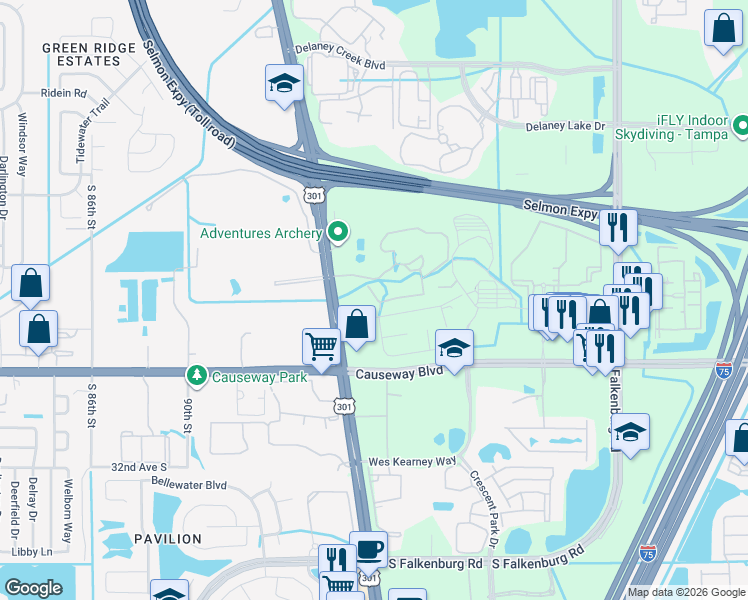 map of restaurants, bars, coffee shops, grocery stores, and more near 2407 Courtney Meadows Court in Tampa