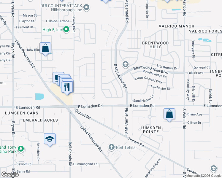 map of restaurants, bars, coffee shops, grocery stores, and more near 811 Sandcastle Circle in Brandon