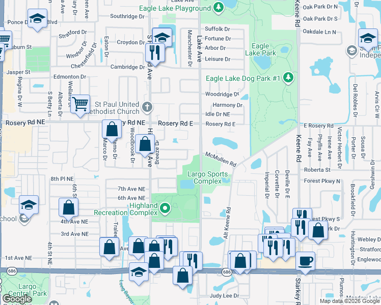 map of restaurants, bars, coffee shops, grocery stores, and more near 1325 Markley Drive in Largo