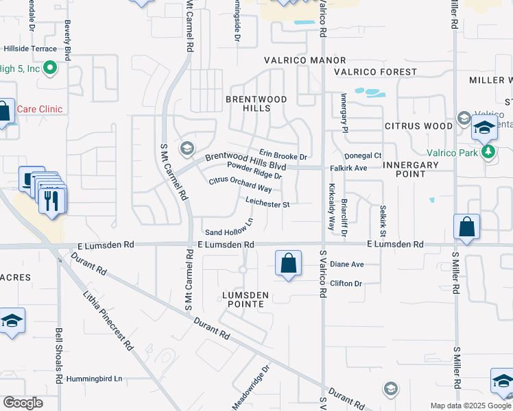 map of restaurants, bars, coffee shops, grocery stores, and more near 1647 Sand Hollow Lane in Valrico