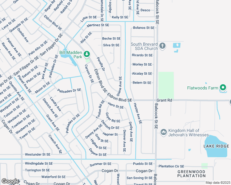 map of restaurants, bars, coffee shops, grocery stores, and more near 2763 Diane Avenue Southeast in Palm Bay