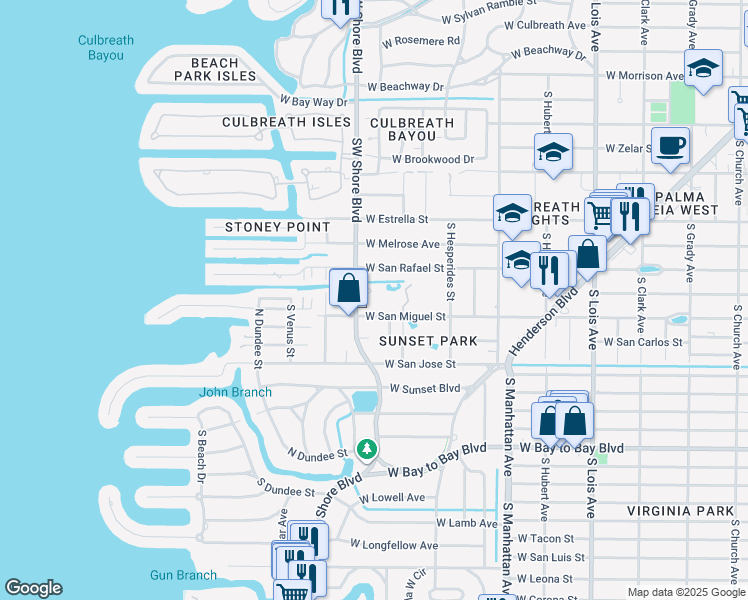 map of restaurants, bars, coffee shops, grocery stores, and more near 4706 West Heron Lane in Tampa