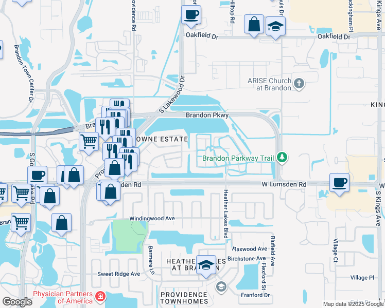 map of restaurants, bars, coffee shops, grocery stores, and more near 739 Kensington Lake Circle in Brandon