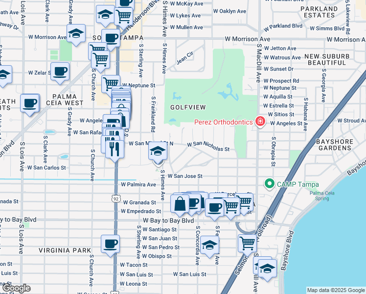 map of restaurants, bars, coffee shops, grocery stores, and more near 3401 South Virginia Court in Tampa