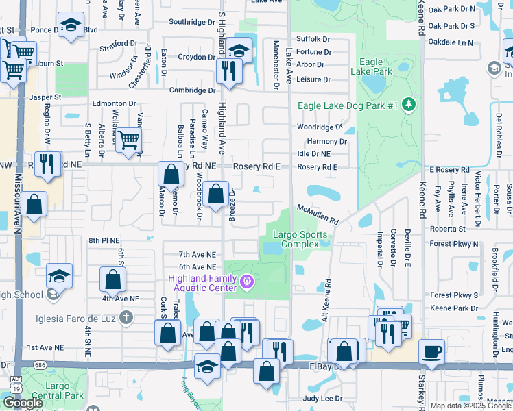map of restaurants, bars, coffee shops, grocery stores, and more near 1237 Markley Drive in Largo