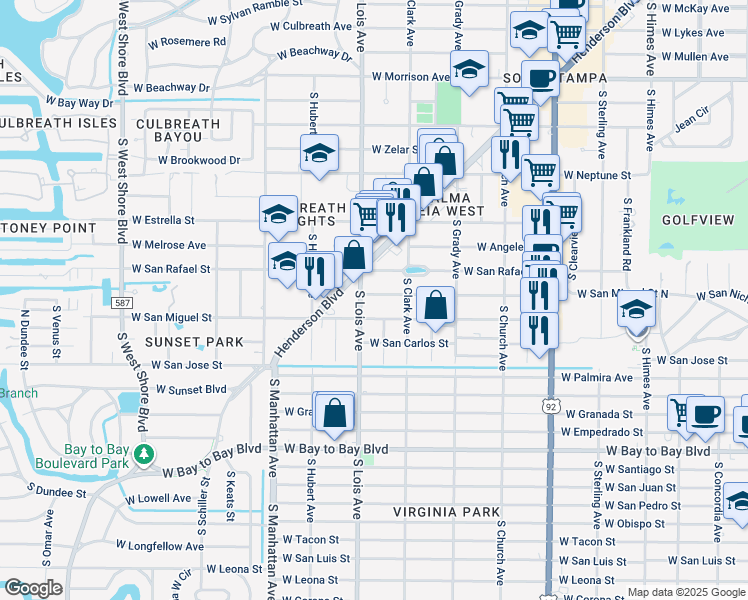 map of restaurants, bars, coffee shops, grocery stores, and more near 4118 West San Nicholas Street in Tampa