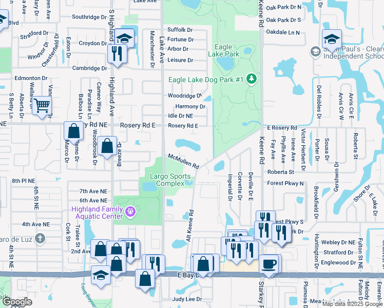 map of restaurants, bars, coffee shops, grocery stores, and more near 1691 South Lake Drive in Largo