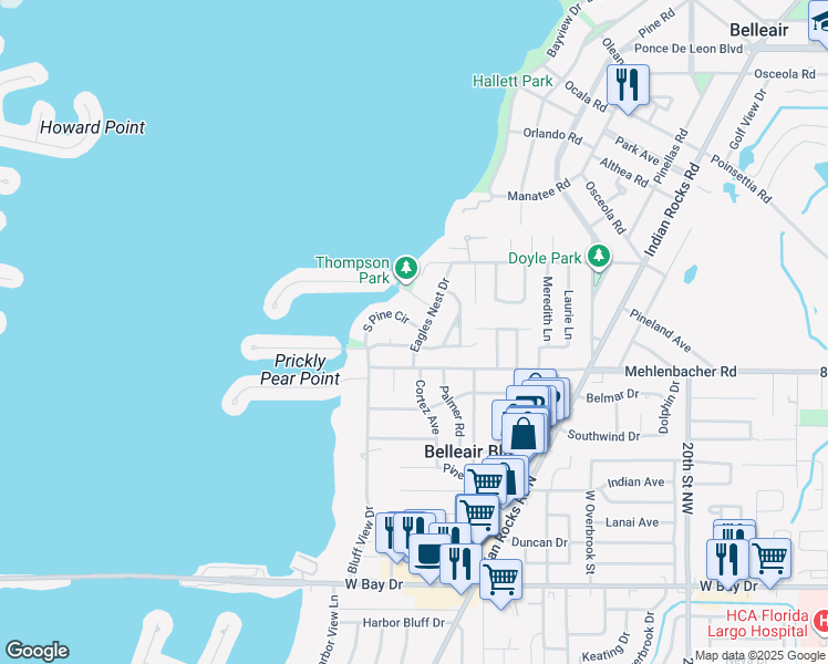 map of restaurants, bars, coffee shops, grocery stores, and more near 1 South Pine Circle in Belleair