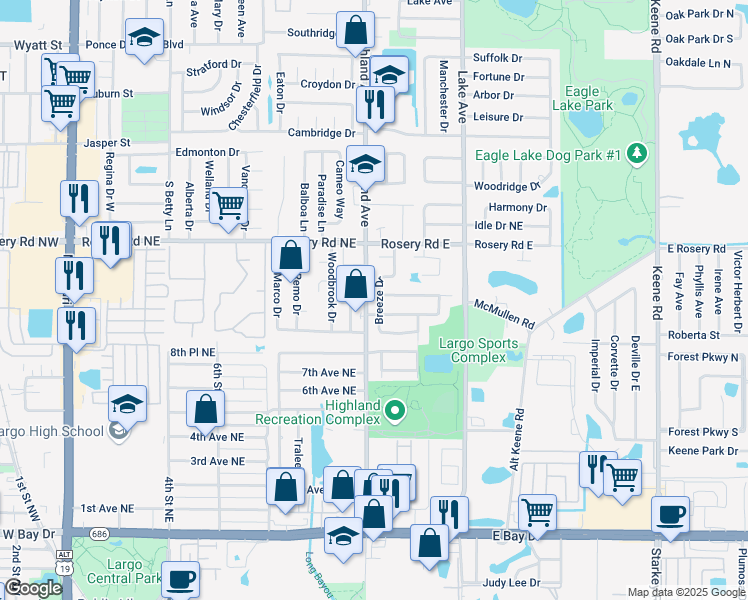 map of restaurants, bars, coffee shops, grocery stores, and more near 1113 Breeze Drive in Largo