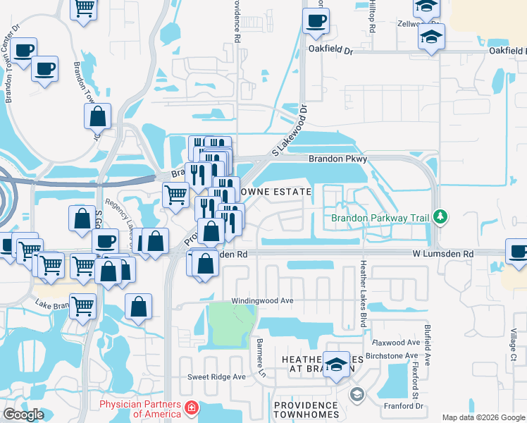 map of restaurants, bars, coffee shops, grocery stores, and more near 1703 Oak Branch Court in Brandon