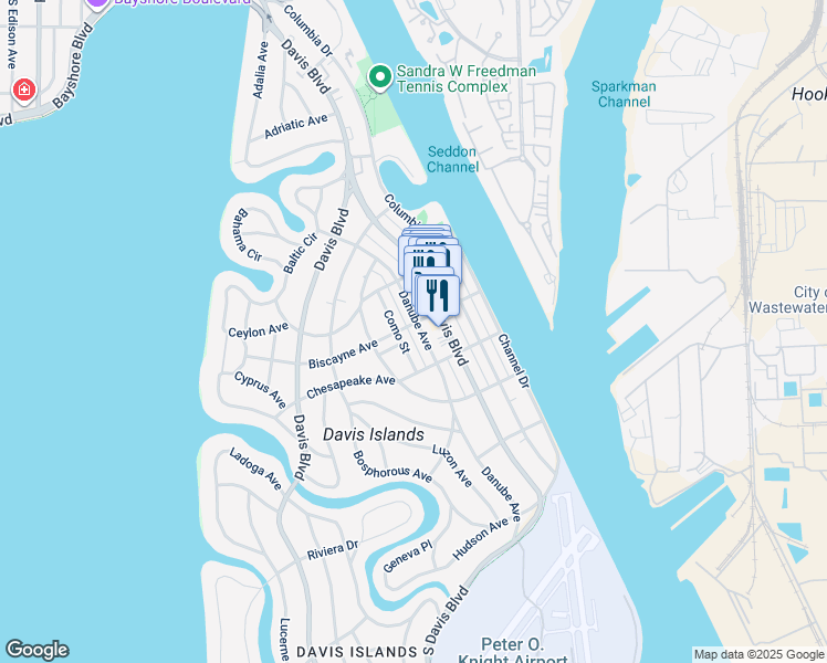 map of restaurants, bars, coffee shops, grocery stores, and more near 2 Biscayne Avenue in Tampa