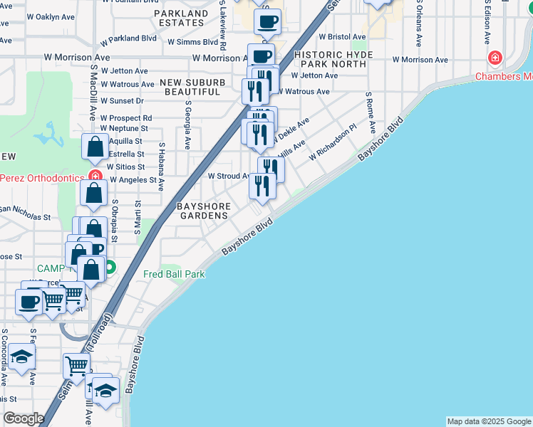 map of restaurants, bars, coffee shops, grocery stores, and more near 2401 Bayshore Boulevard in Tampa