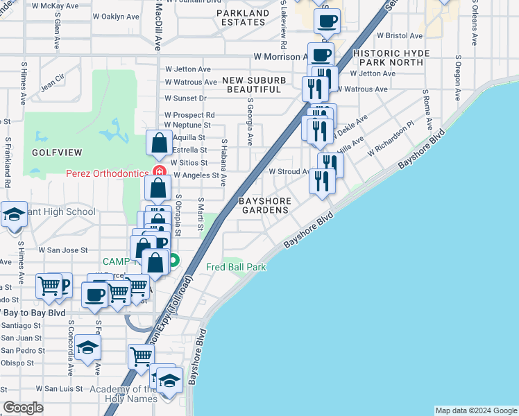 map of restaurants, bars, coffee shops, grocery stores, and more near in Tampa