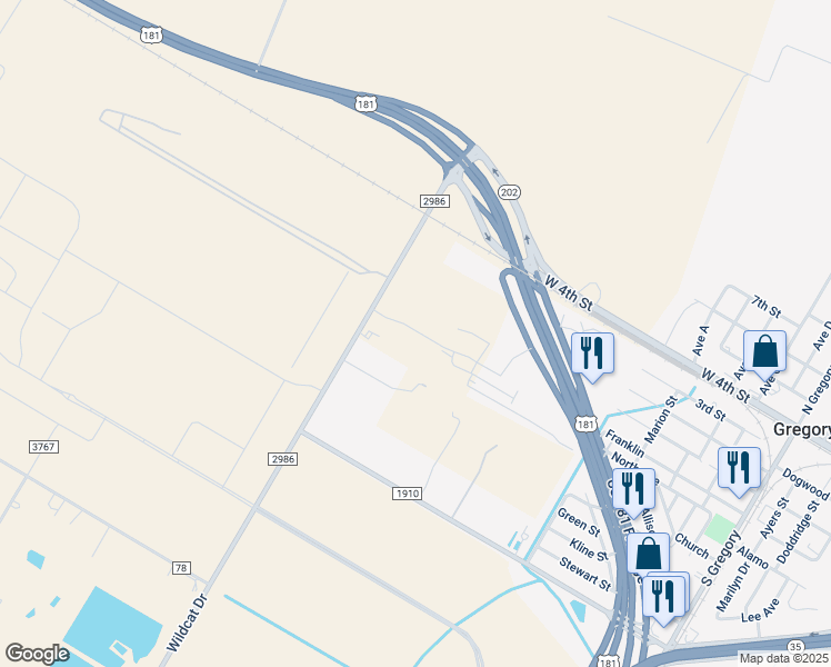 map of restaurants, bars, coffee shops, grocery stores, and more near 404 Farm to Market Road 2986 in Gregory