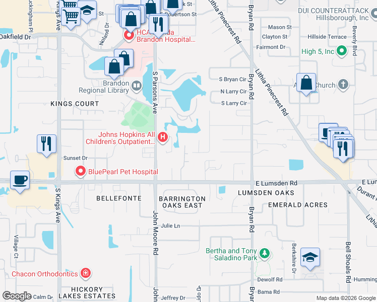 map of restaurants, bars, coffee shops, grocery stores, and more near 208 Elm View Court in Brandon