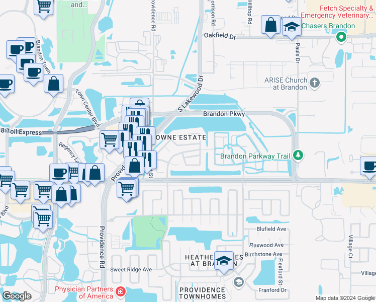 map of restaurants, bars, coffee shops, grocery stores, and more near Kensington Ridge Boulevard in Brandon