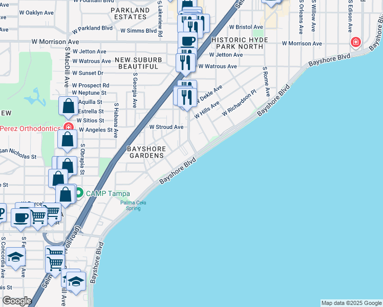 map of restaurants, bars, coffee shops, grocery stores, and more near 2401 Bayshore Boulevard in Tampa