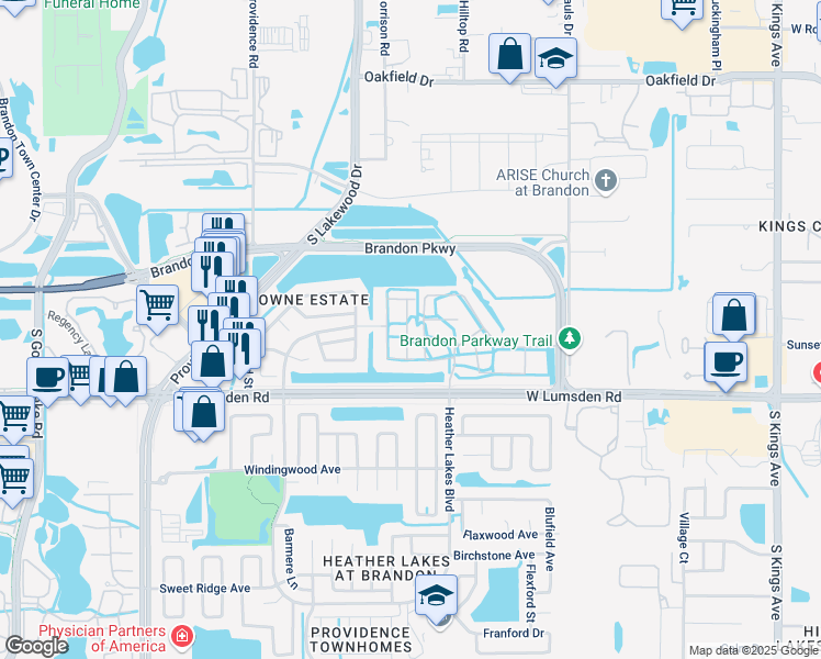 map of restaurants, bars, coffee shops, grocery stores, and more near 543 Kensington Lake Circle in Brandon